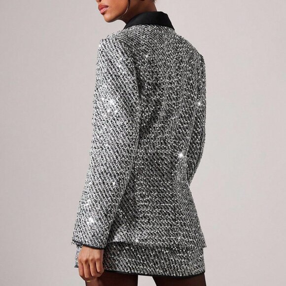 Black &White Elegant Women's glitter Sequin Blazer & Skirt Suit Set - Picture 2 of 6